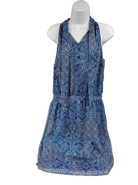 Banana Republic Womens Cool Combo Printed Tie Neck Dress Blue Size 8 New